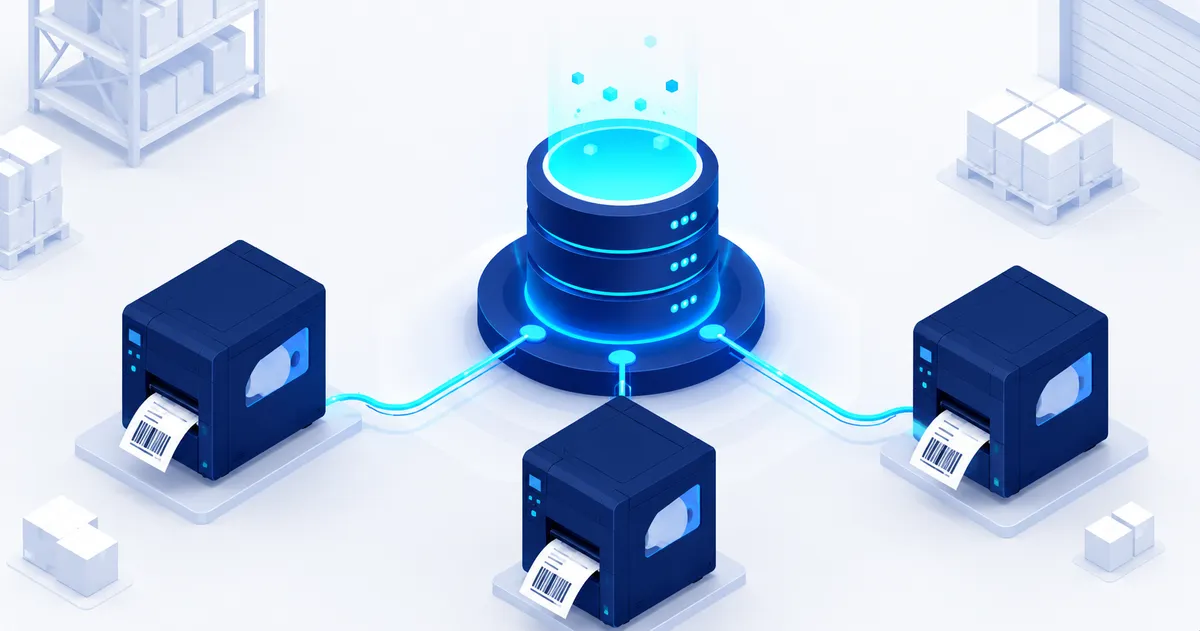 Centrale ERP-database verbonden met drie labelprinters
