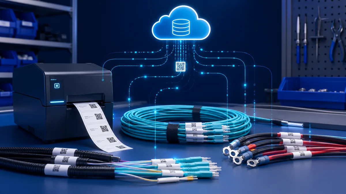 Labelprinter print QR-labels voor kabel- en glasvezelassemblages, gevoed vanuit een centrale cloud-database